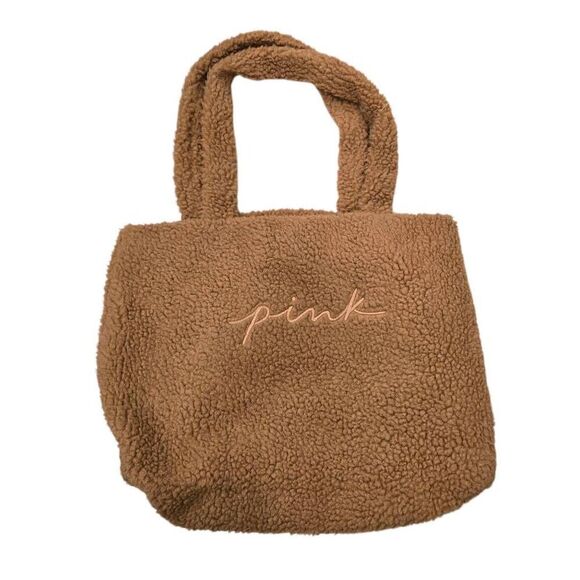PINK Victoria's Secret Women's Mocha Brown Sherpa Cozy Plush Weekender Tote Bag - Picture 3 of 7